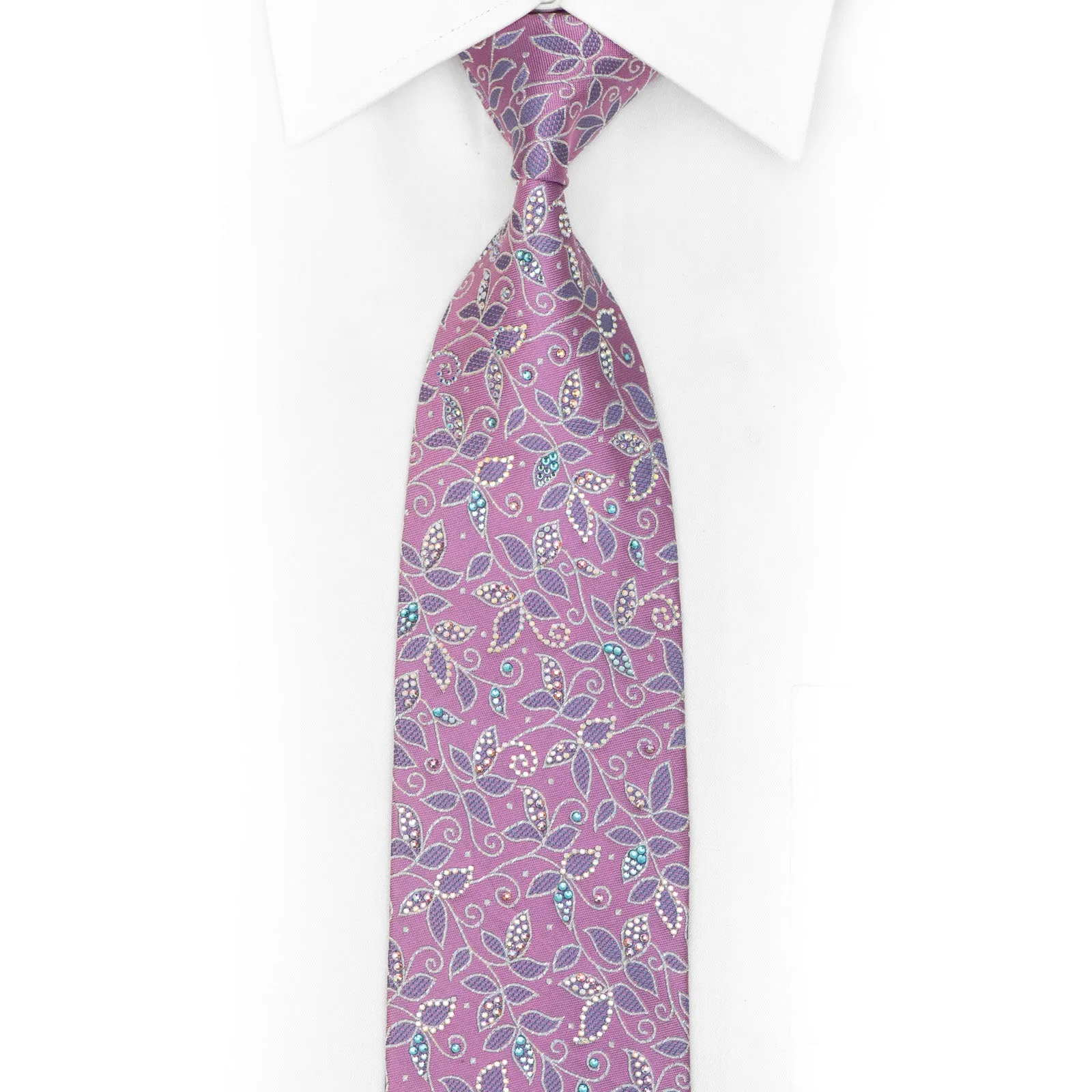 Silver Mauve Floral On Pink Rhinestone Silk Necktie With Silver Sparkles