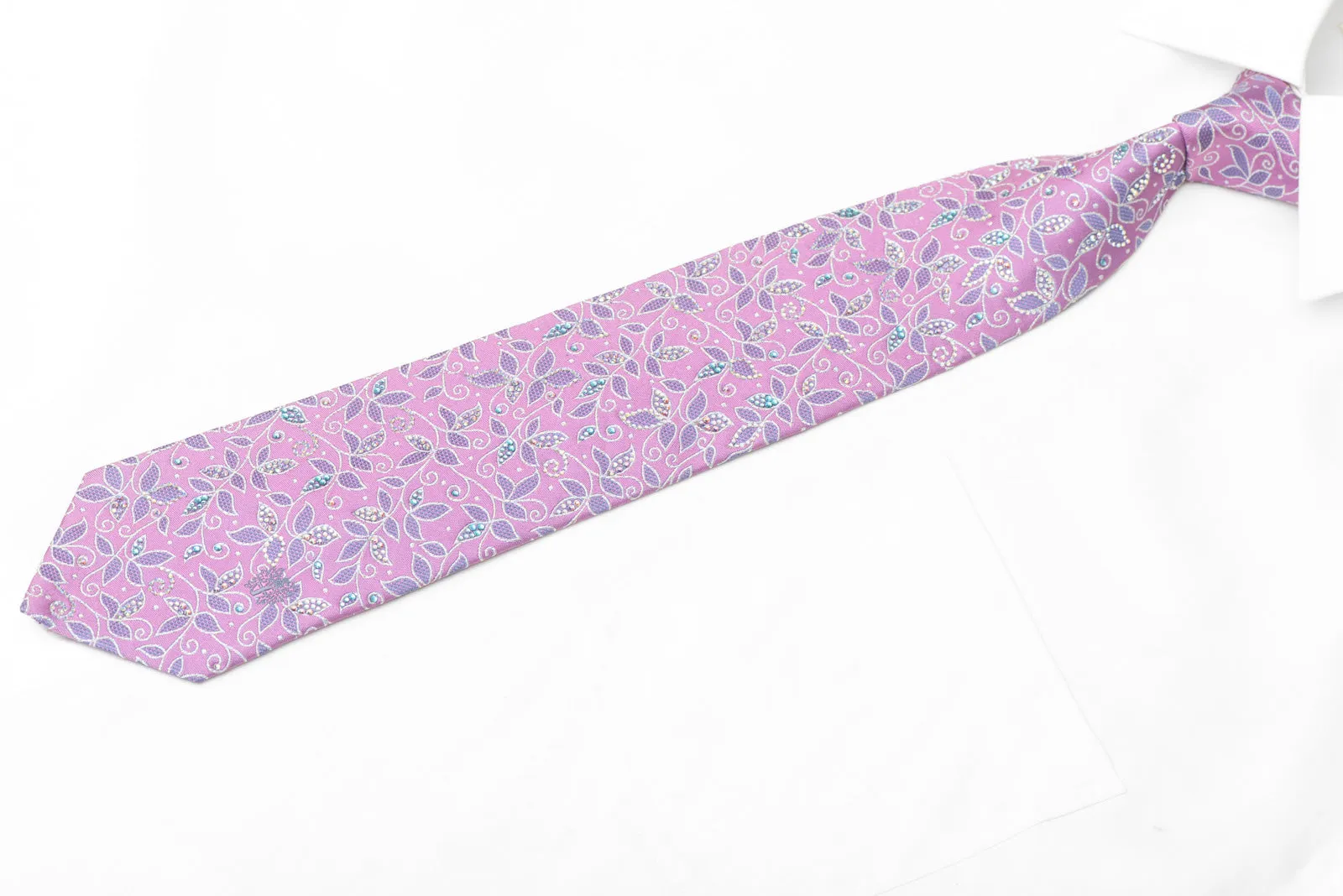 Silver Mauve Floral On Pink Rhinestone Silk Necktie With Silver Sparkles