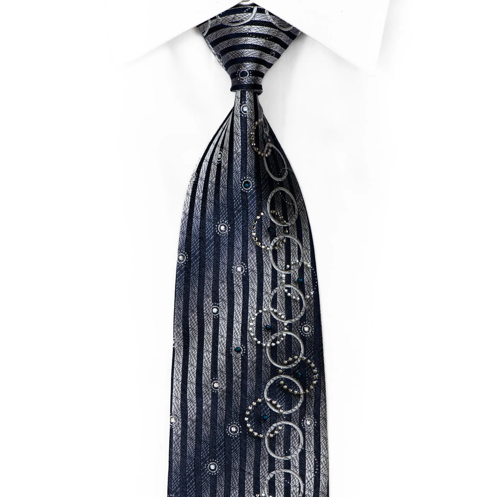 Silver Navy Blue Vertical Striped Geometric Rhinestone Silk Necktie With Sparkles