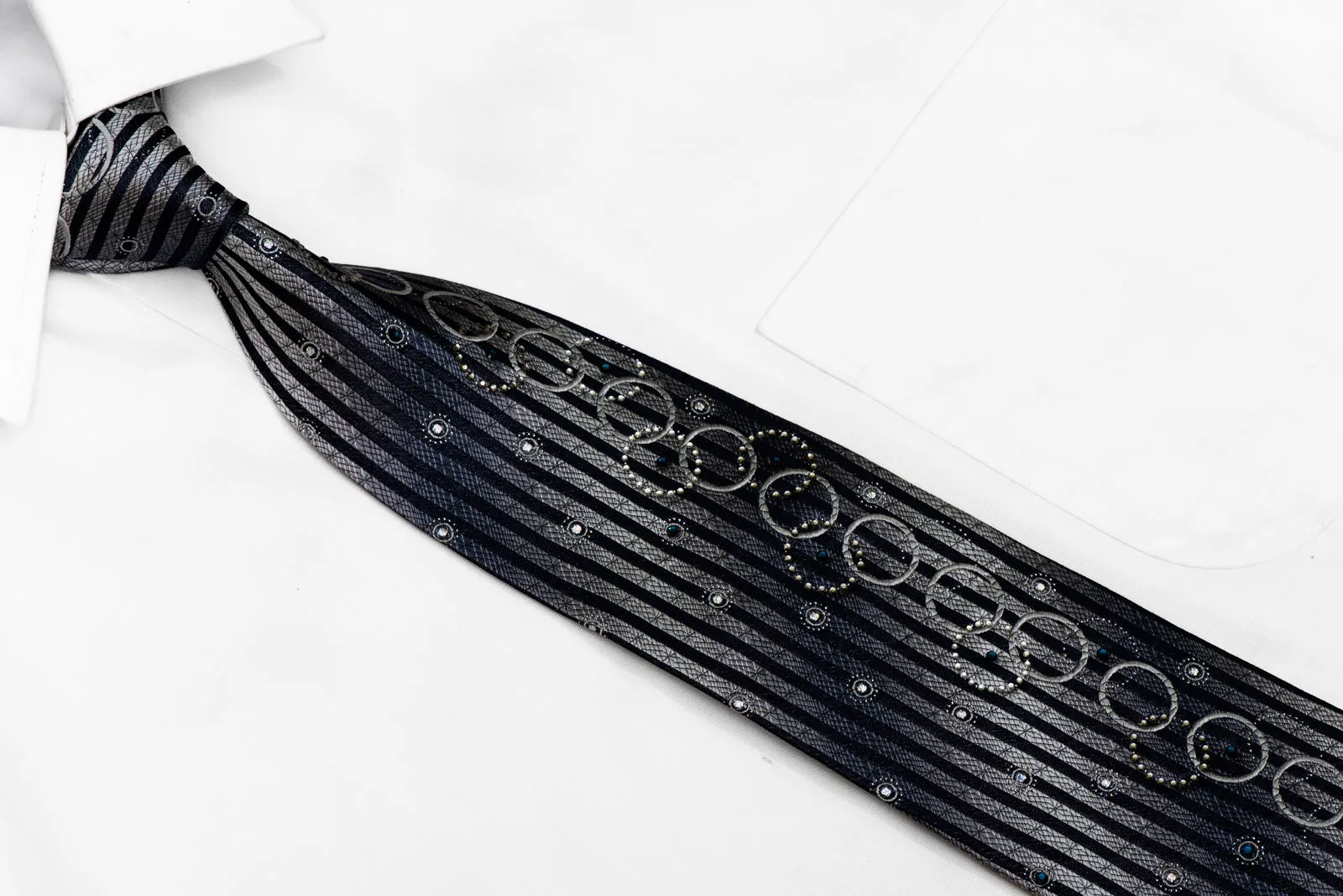 Silver Navy Blue Vertical Striped Geometric Rhinestone Silk Necktie With Sparkles