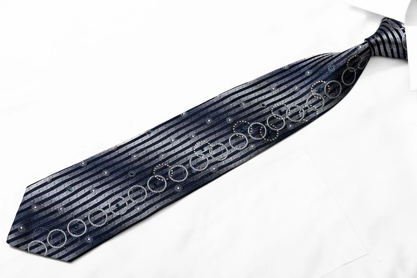 Silver Navy Blue Vertical Striped Geometric Rhinestone Silk Necktie With Sparkles