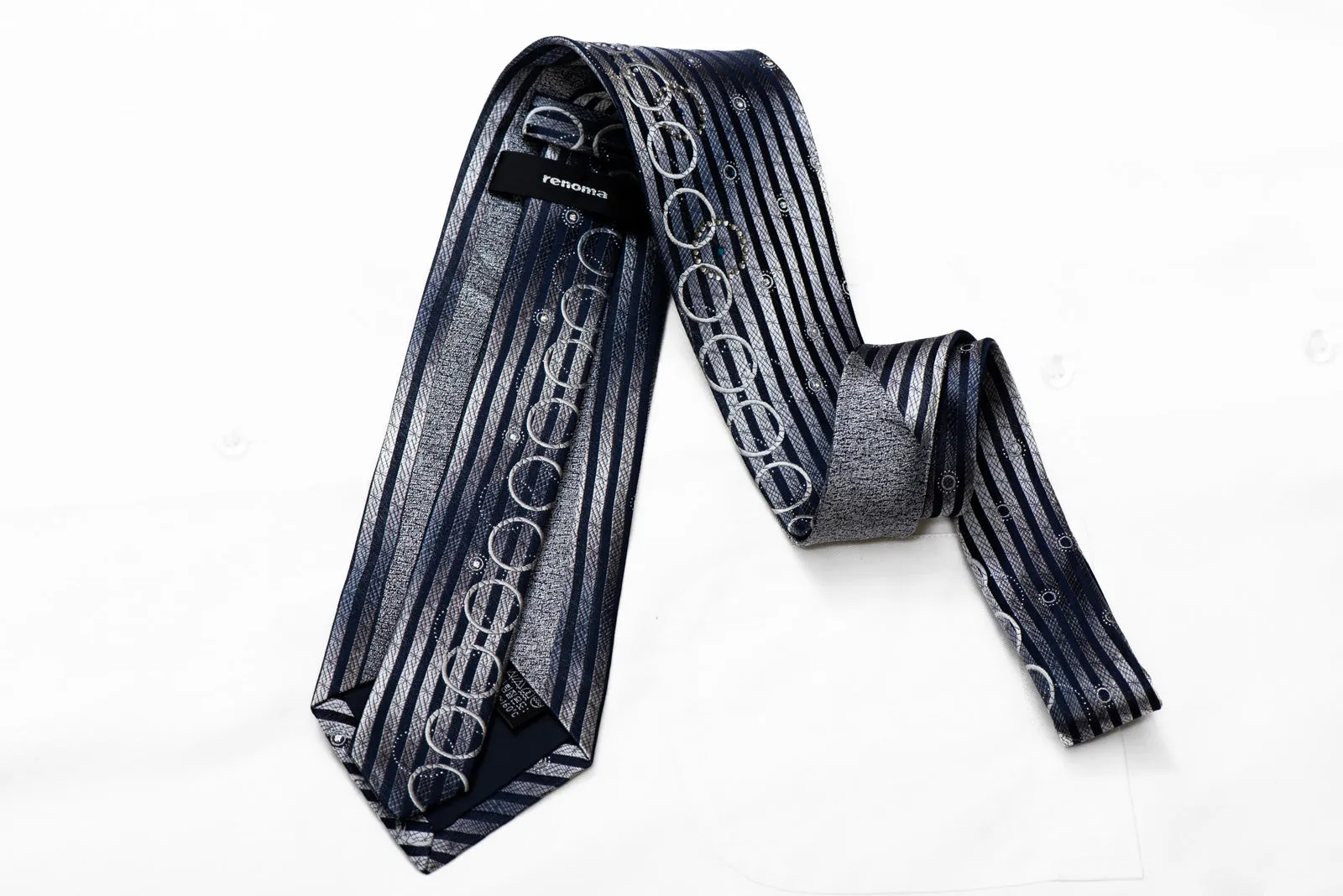 Silver Navy Blue Vertical Striped Geometric Rhinestone Silk Necktie With Sparkles