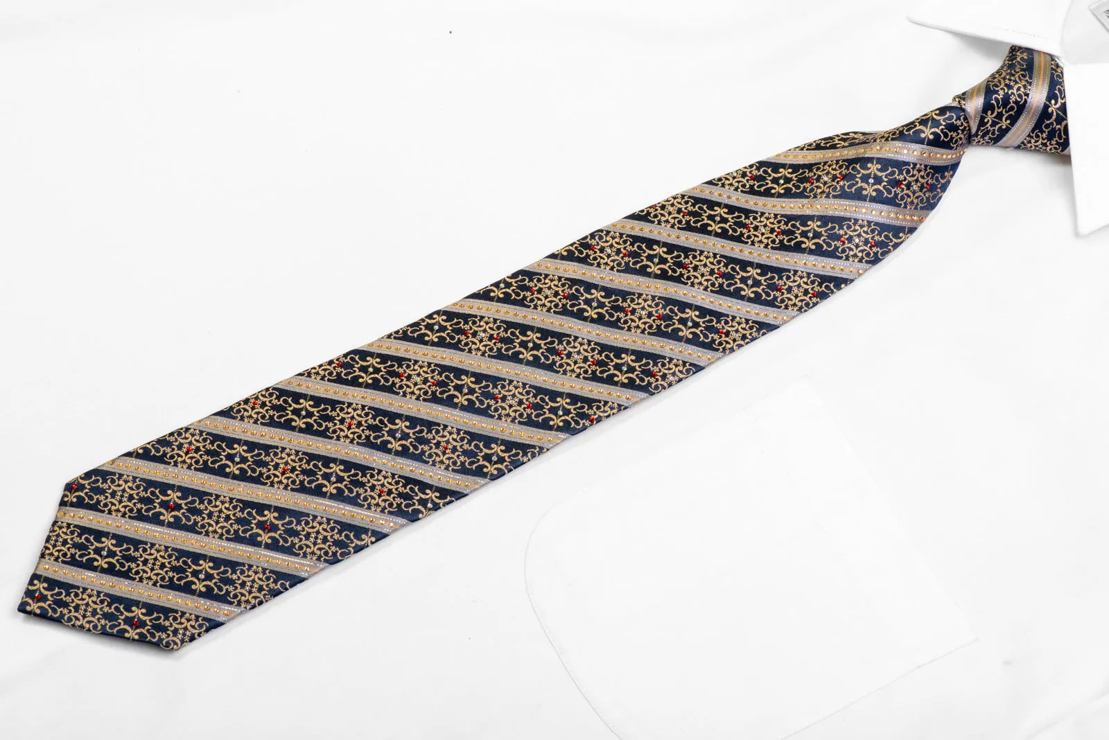Silver Striped Gold Cartouche On Navy Rhinestone Necktie With Silver Sparkles