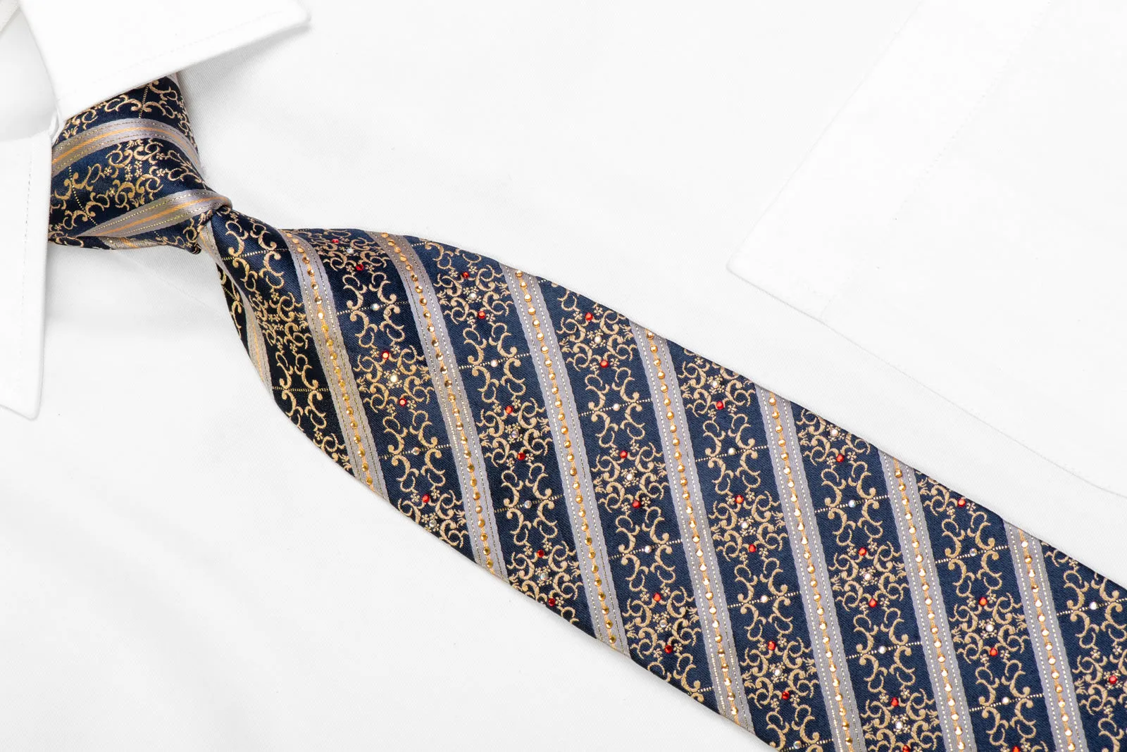 Silver Striped Gold Cartouche On Navy Rhinestone Necktie With Silver Sparkles