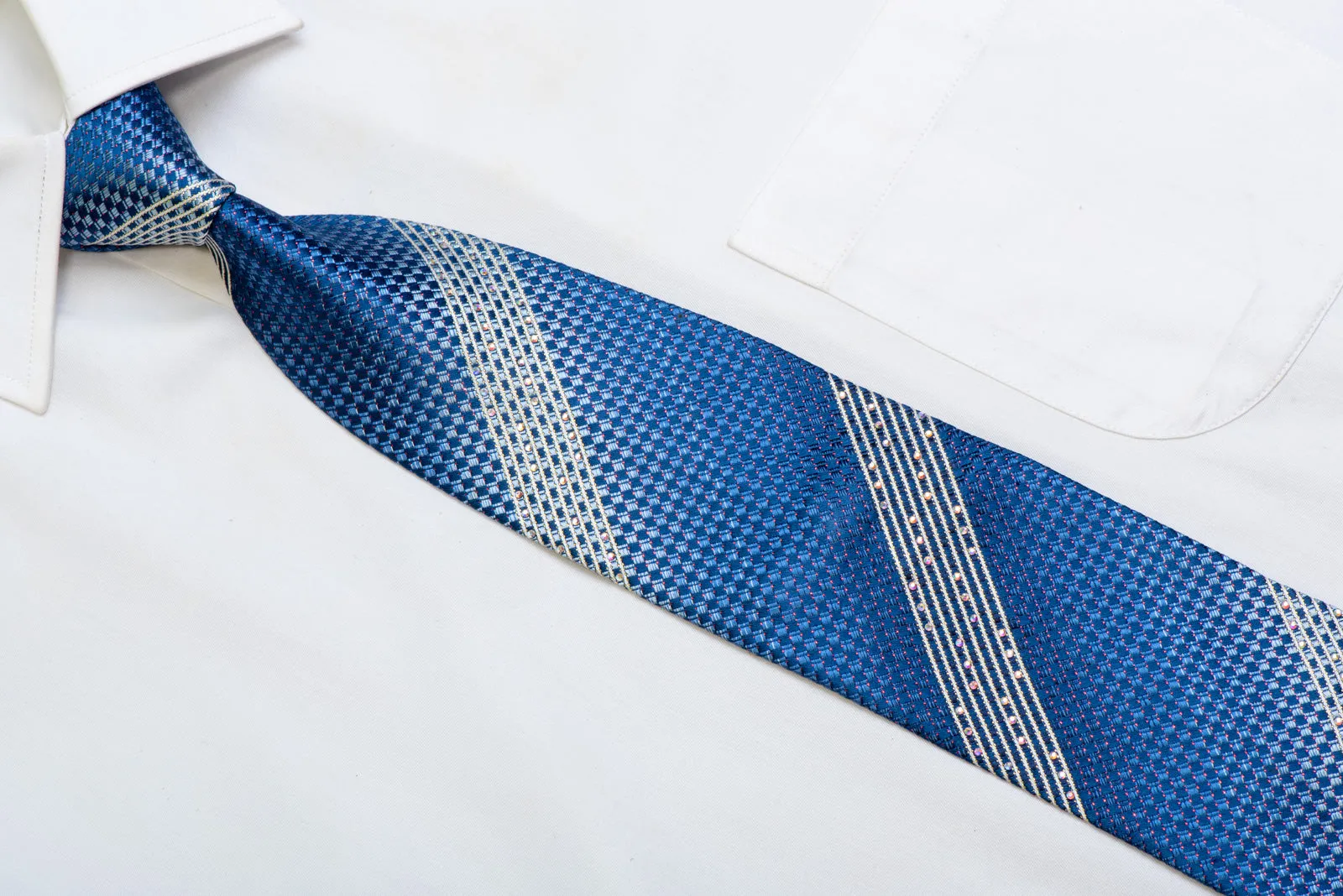Silver Stripes On Blue Rhinestone Silk Necktie With Purple Sparkles