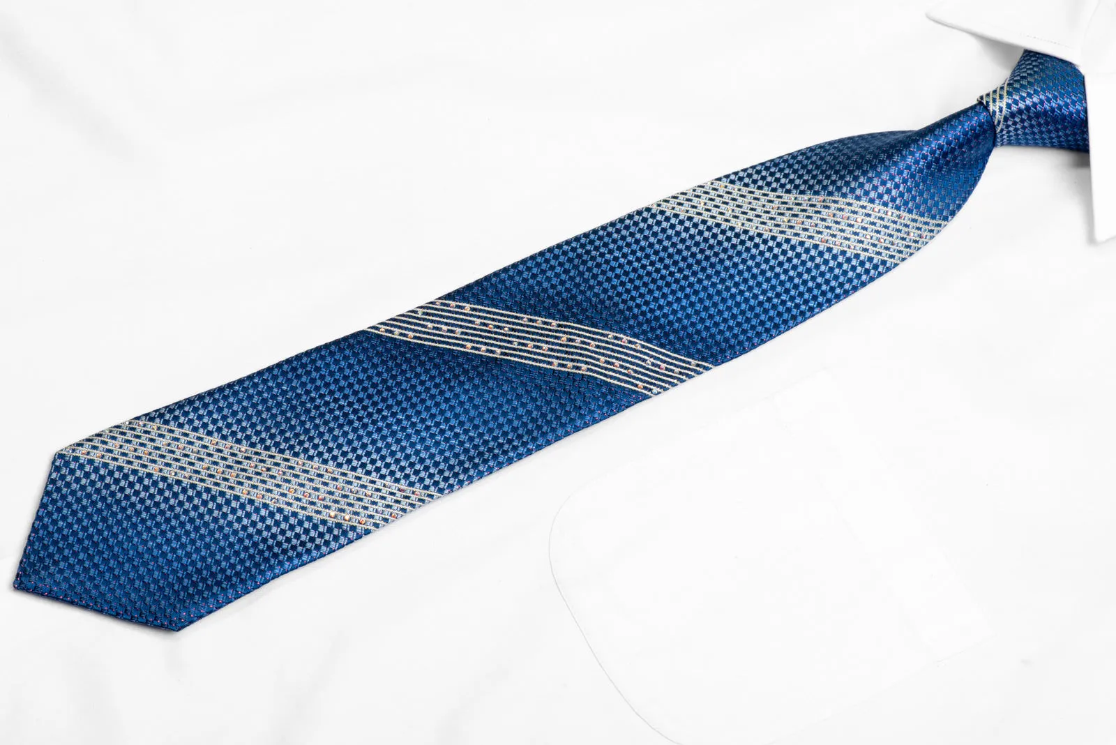 Silver Stripes On Blue Rhinestone Silk Necktie With Purple Sparkles