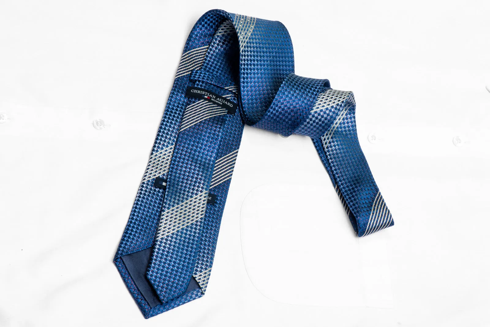 Silver Stripes On Blue Rhinestone Silk Necktie With Purple Sparkles
