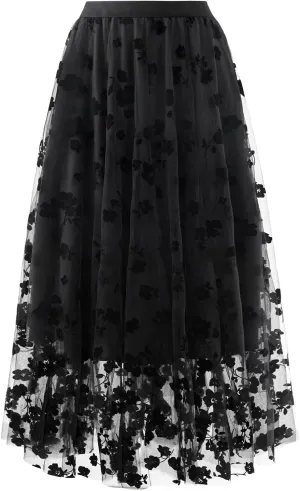 Skirts for Women Midi Long Length Dressy Casual Trendy Summer Tulle A-Line Floral High Waist Skirt