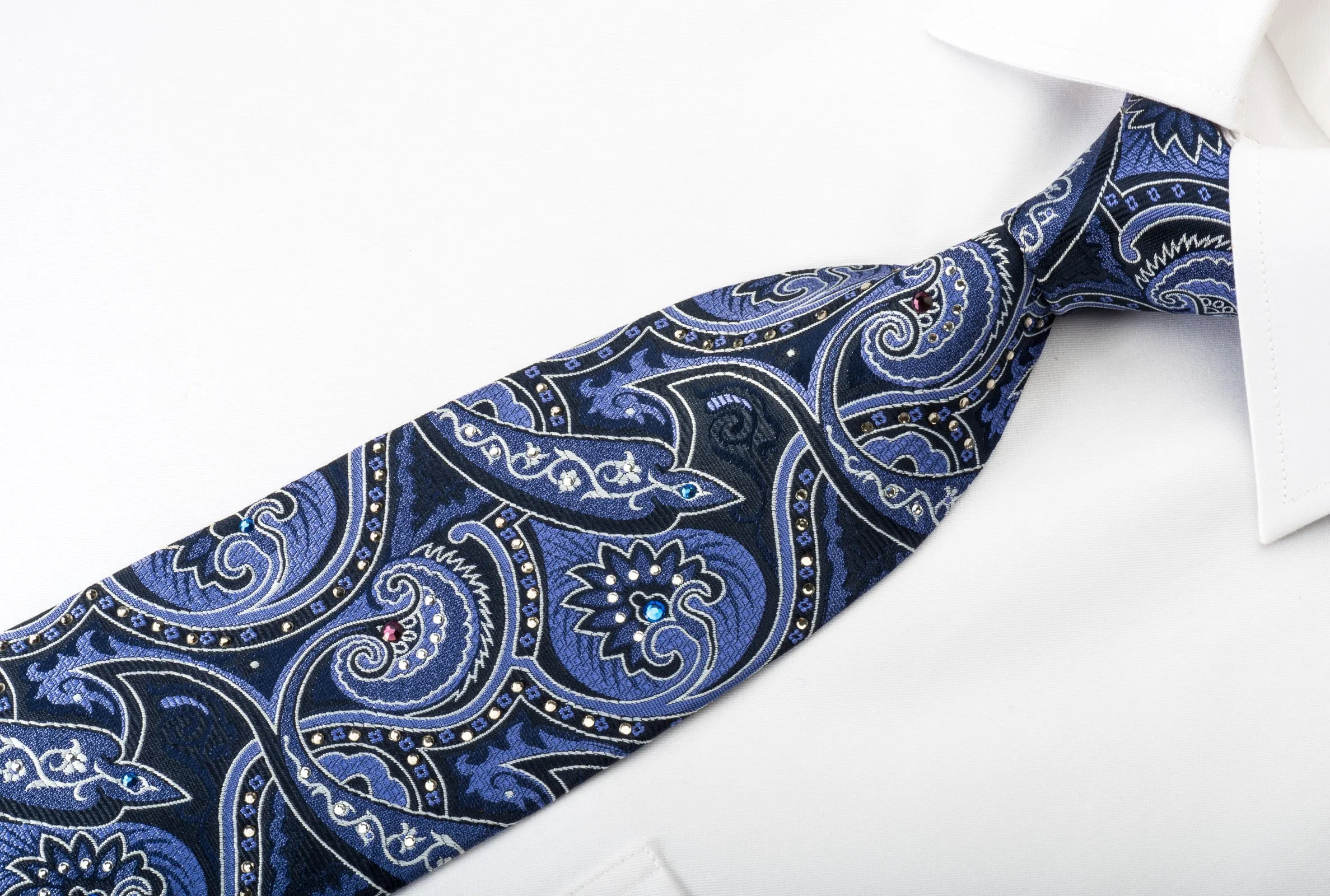 Smalto Silk Tie Paisley On Blue Woven Silk With Crystal Rhinestones