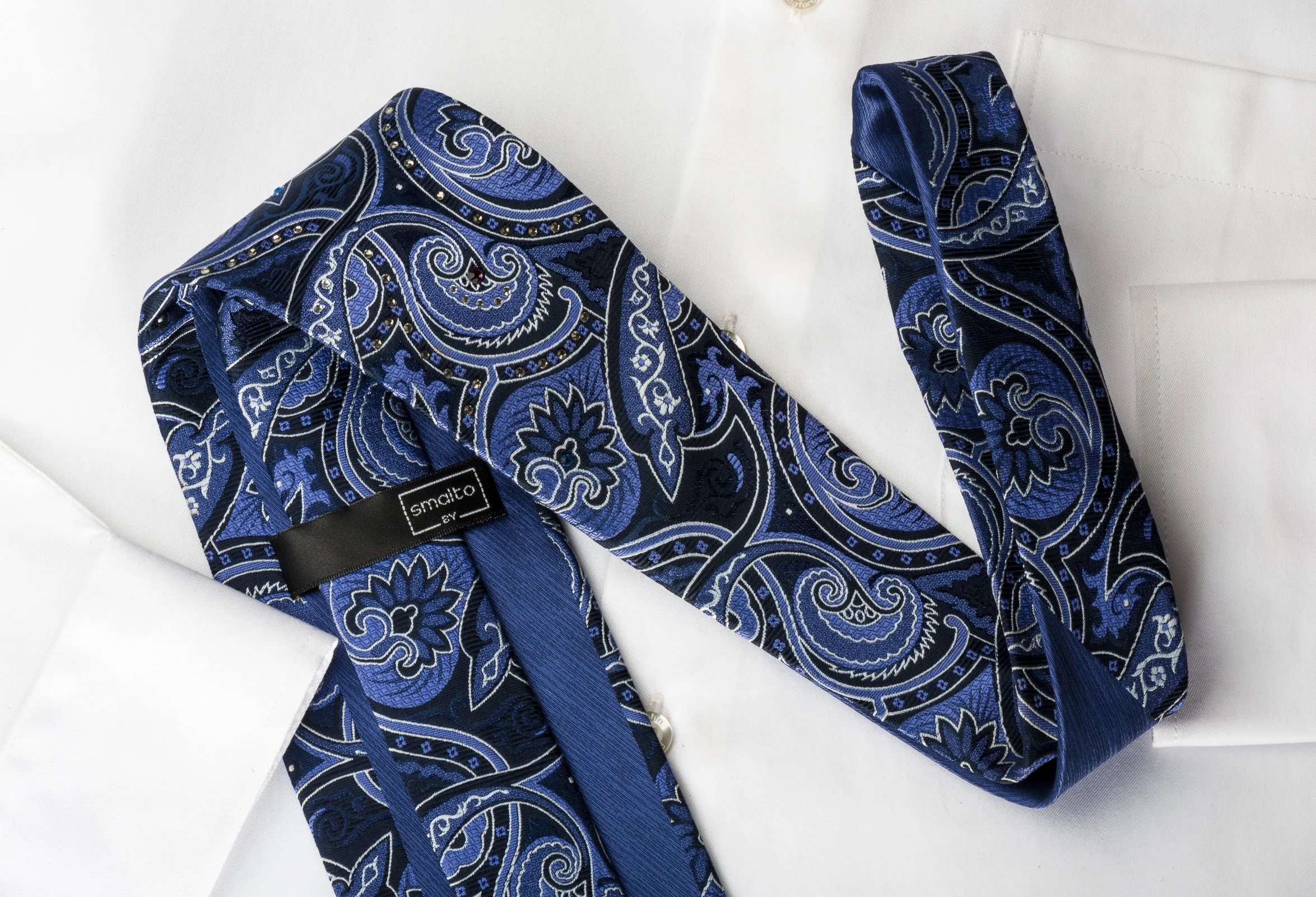 Smalto Silk Tie Paisley On Blue Woven Silk With Crystal Rhinestones