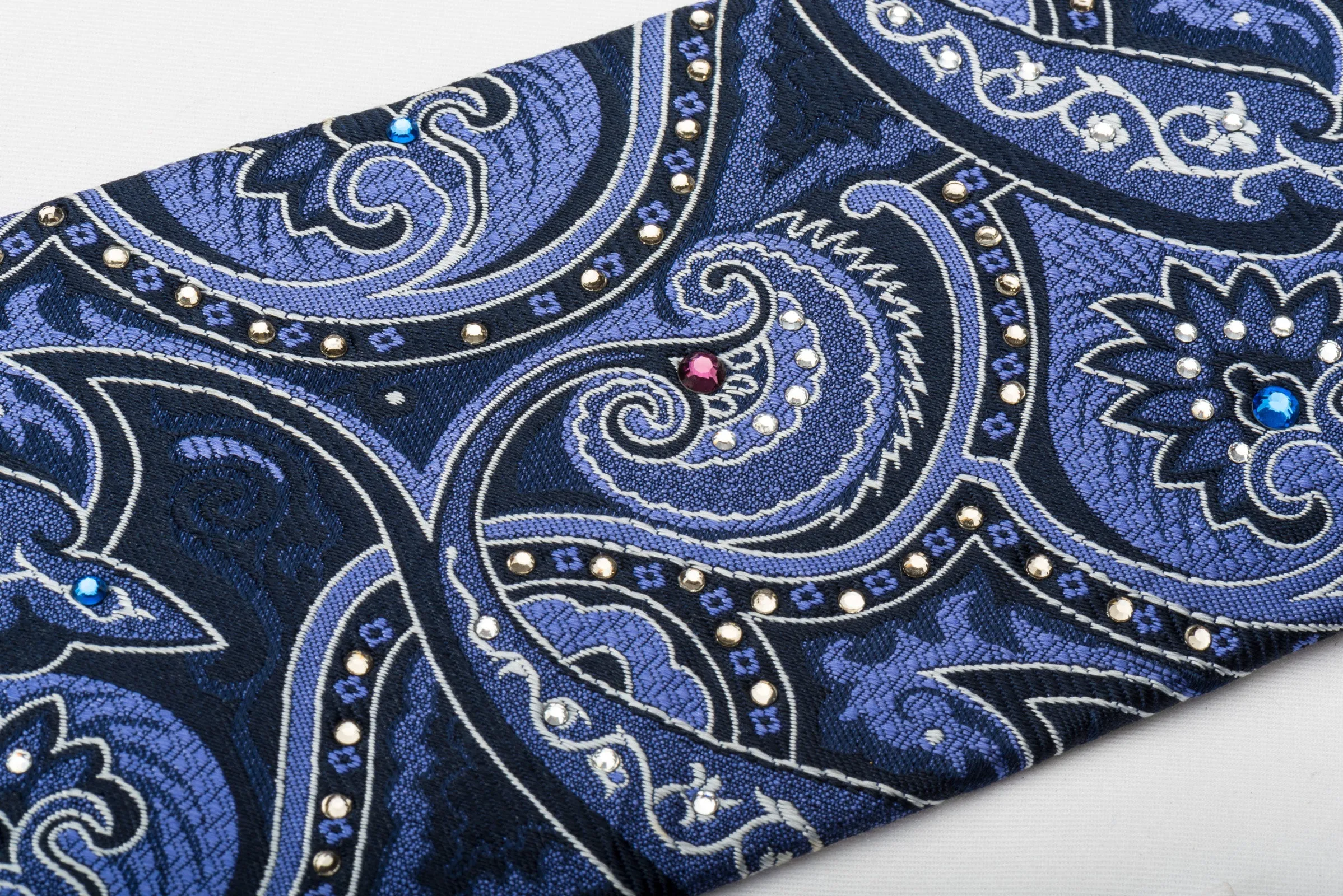 Smalto Silk Tie Paisley On Blue Woven Silk With Crystal Rhinestones