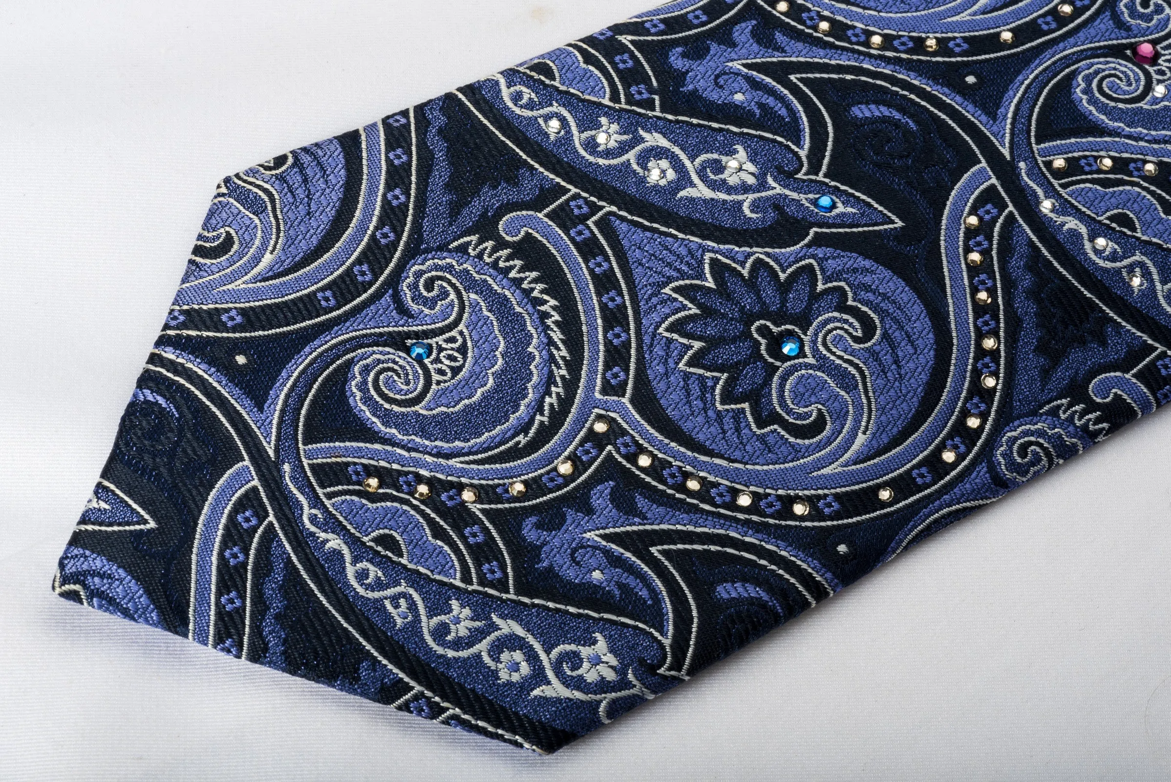 Smalto Silk Tie Paisley On Blue Woven Silk With Crystal Rhinestones