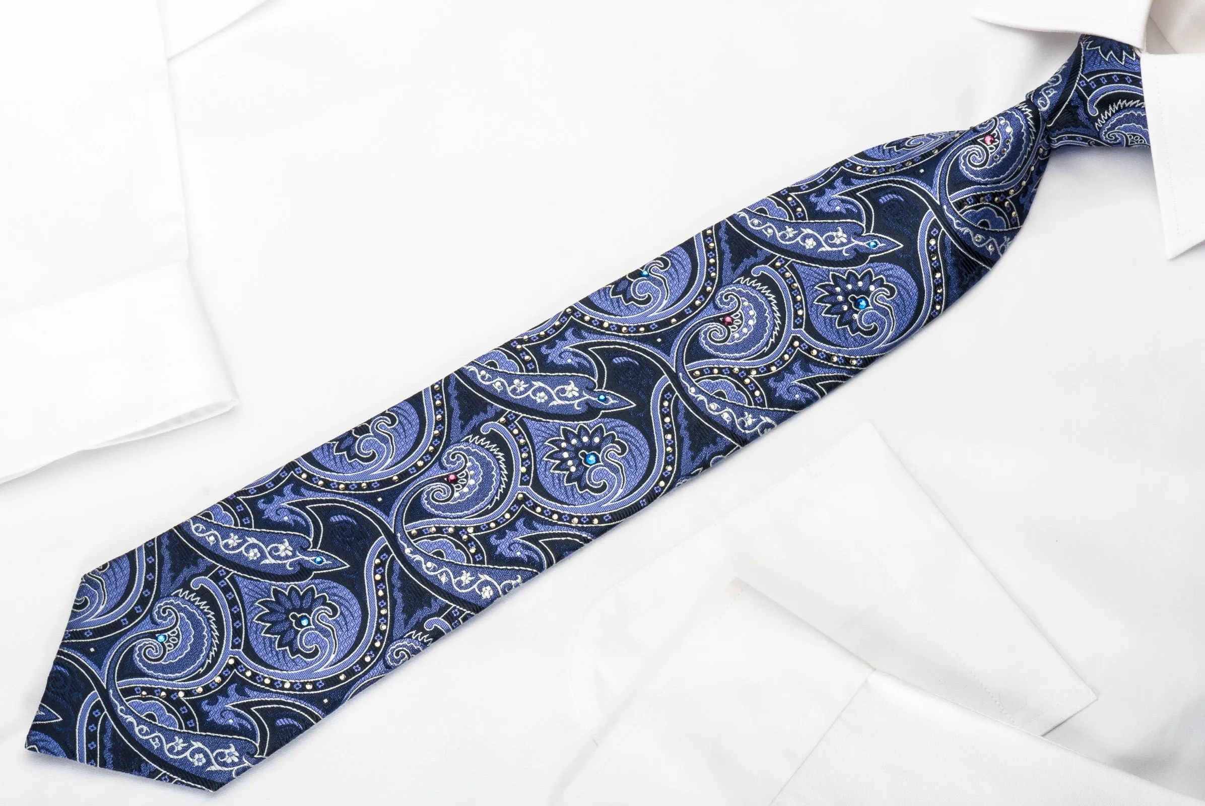 Smalto Silk Tie Paisley On Blue Woven Silk With Crystal Rhinestones