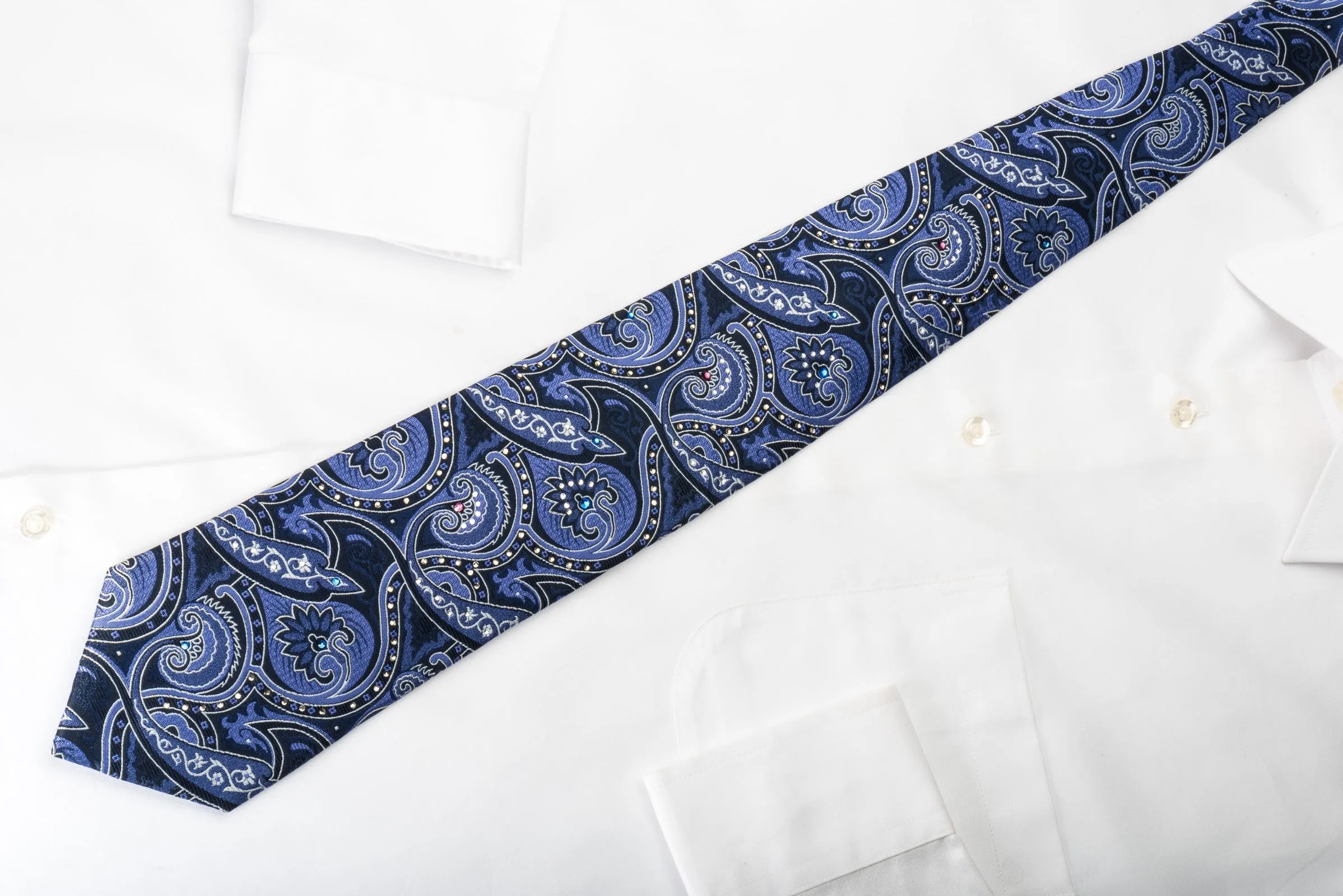 Smalto Silk Tie Paisley On Blue Woven Silk With Crystal Rhinestones
