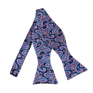 Steel Blue and Pink on Navy Floral Paisley Woven Self Tie Bow Tie