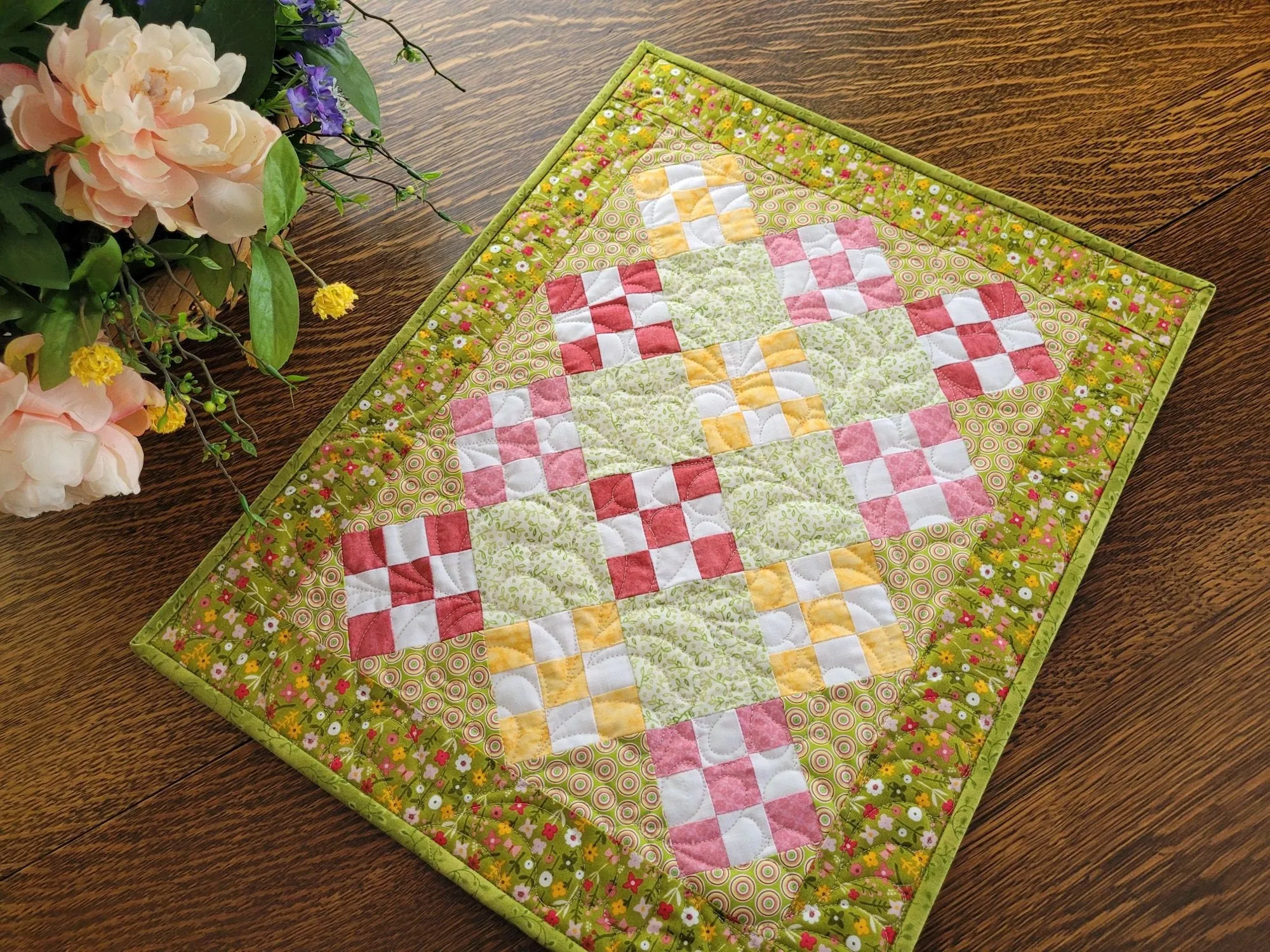 Summer Floral Nine Patch Table Topper Quilt