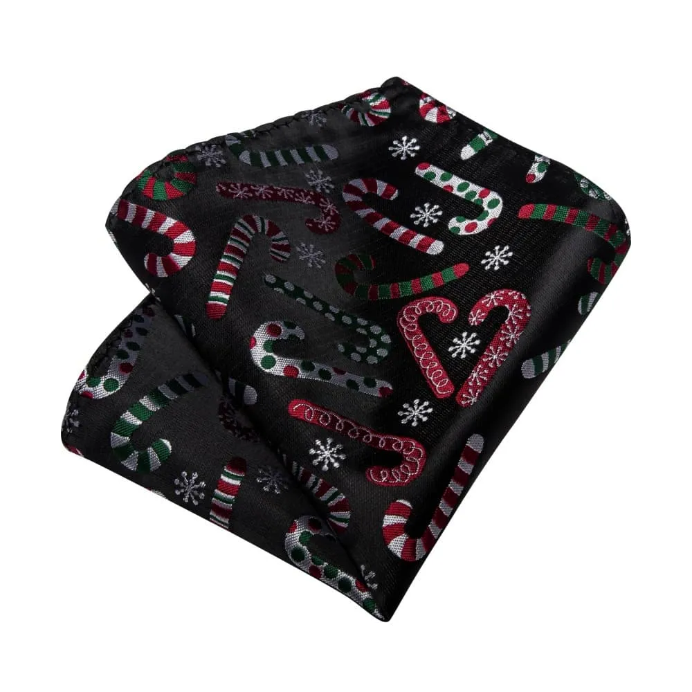 Ties2you Black Colorful Christmas Candy Cane Necktie Pocket Square Cufflinks Set