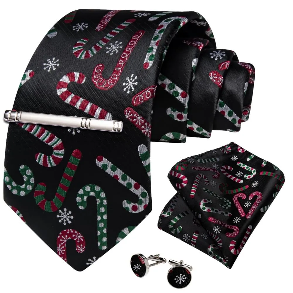 Ties2you Black Colorful Christmas Candy Cane Necktie Pocket Square Cufflinks Set