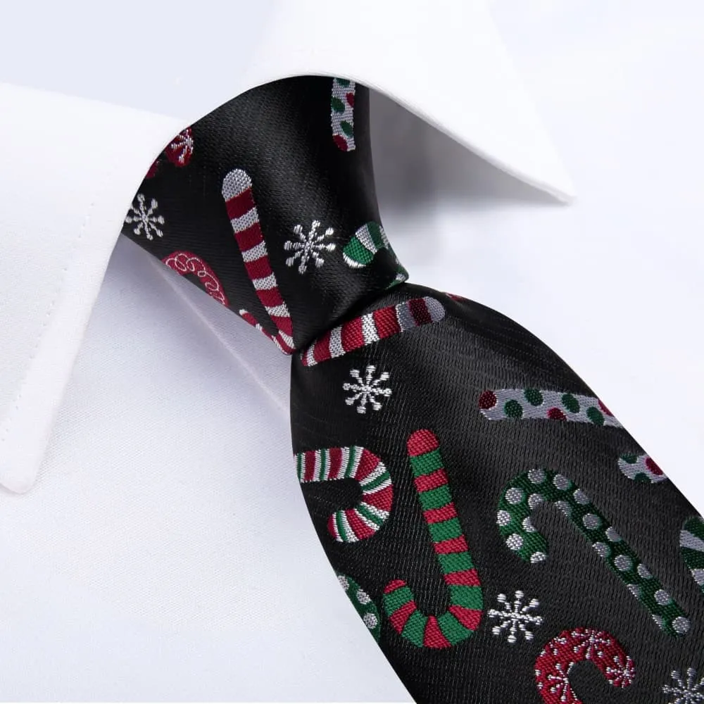 Ties2you Black Colorful Christmas Candy Cane Necktie Pocket Square Cufflinks Set