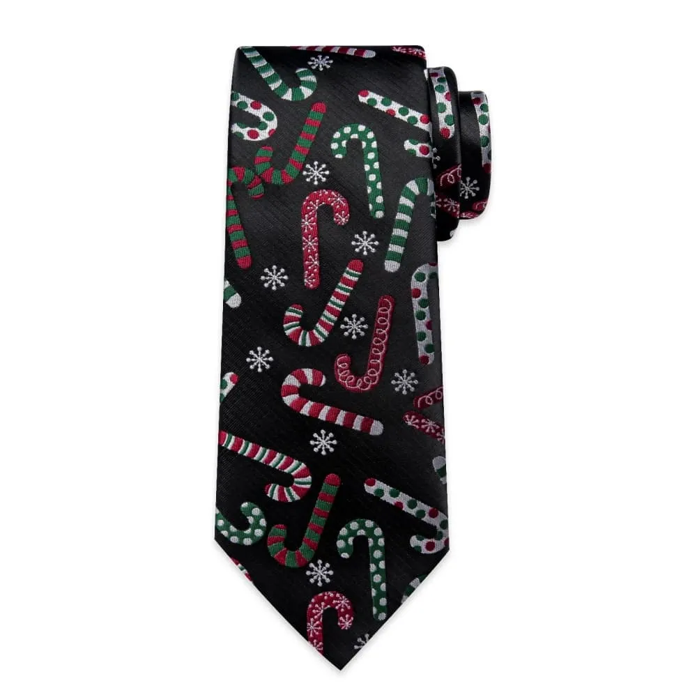 Ties2you Black Colorful Christmas Candy Cane Necktie Pocket Square Cufflinks Set