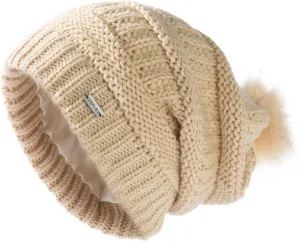 TOP-EX 100% Merino Wool Winter Slouchy Beanie for Women with Faux Fur Pom - Satin or Fleece Lined Hats for Cold Weather