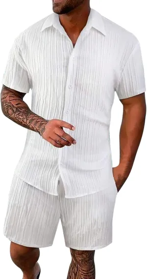 Two Pieces Sets for Men Short Sleeve Loose Summer Outfits Button Down Shirts And Shorts Set Casual Sets