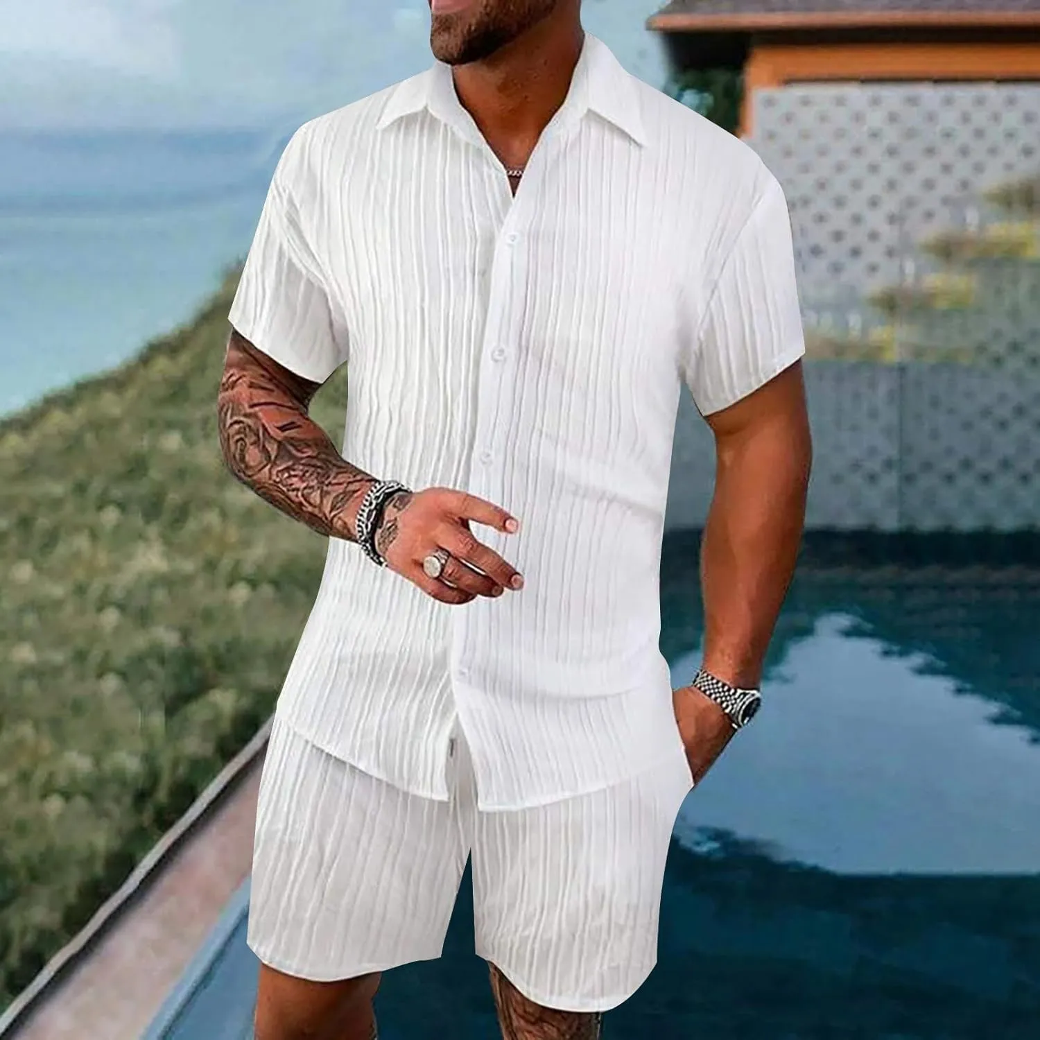 Two Pieces Sets for Men Short Sleeve Loose Summer Outfits Button Down Shirts And Shorts Set Casual Sets