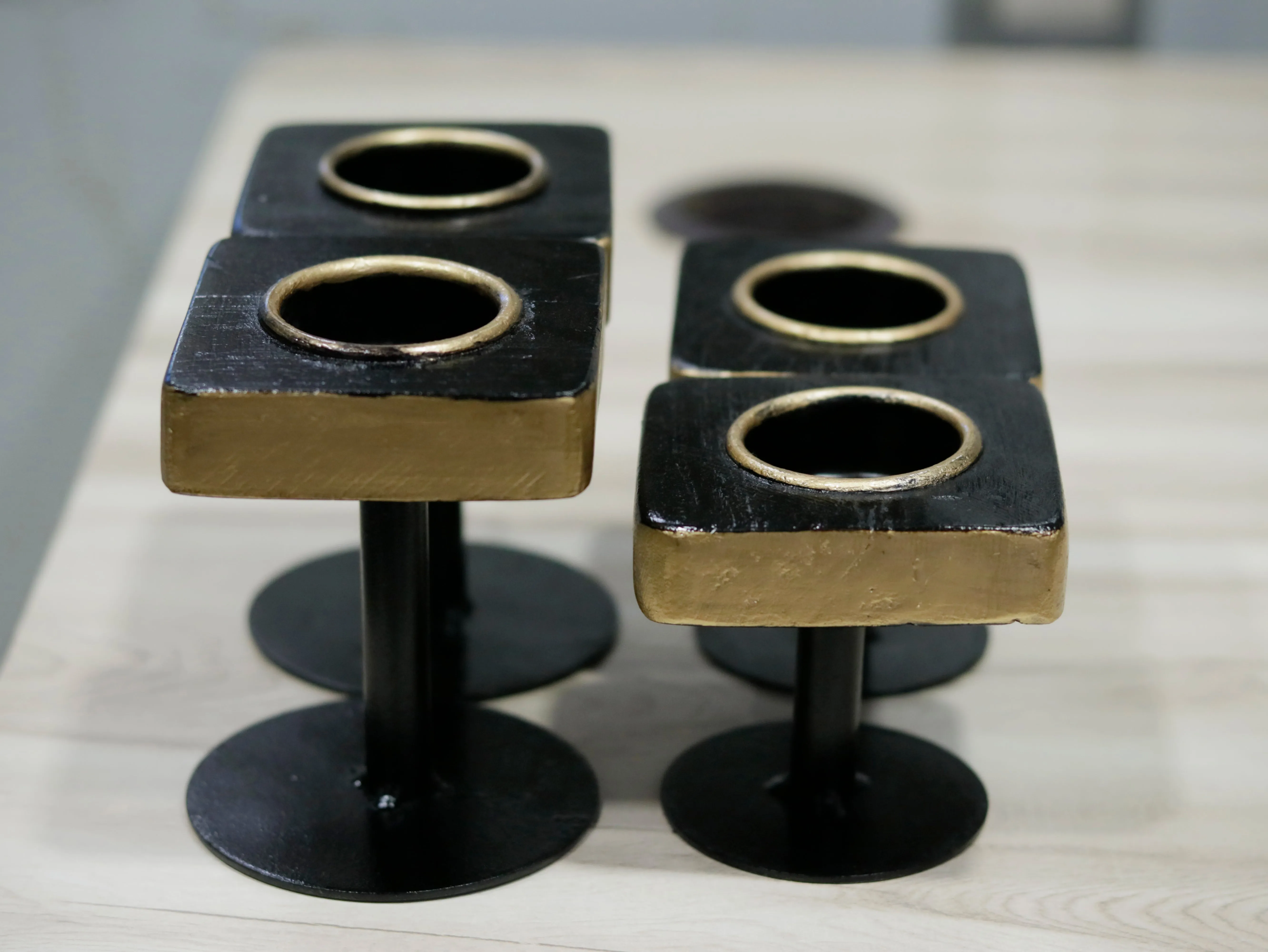 Unique Elegant Golden Black Wooden Candle Stand Set