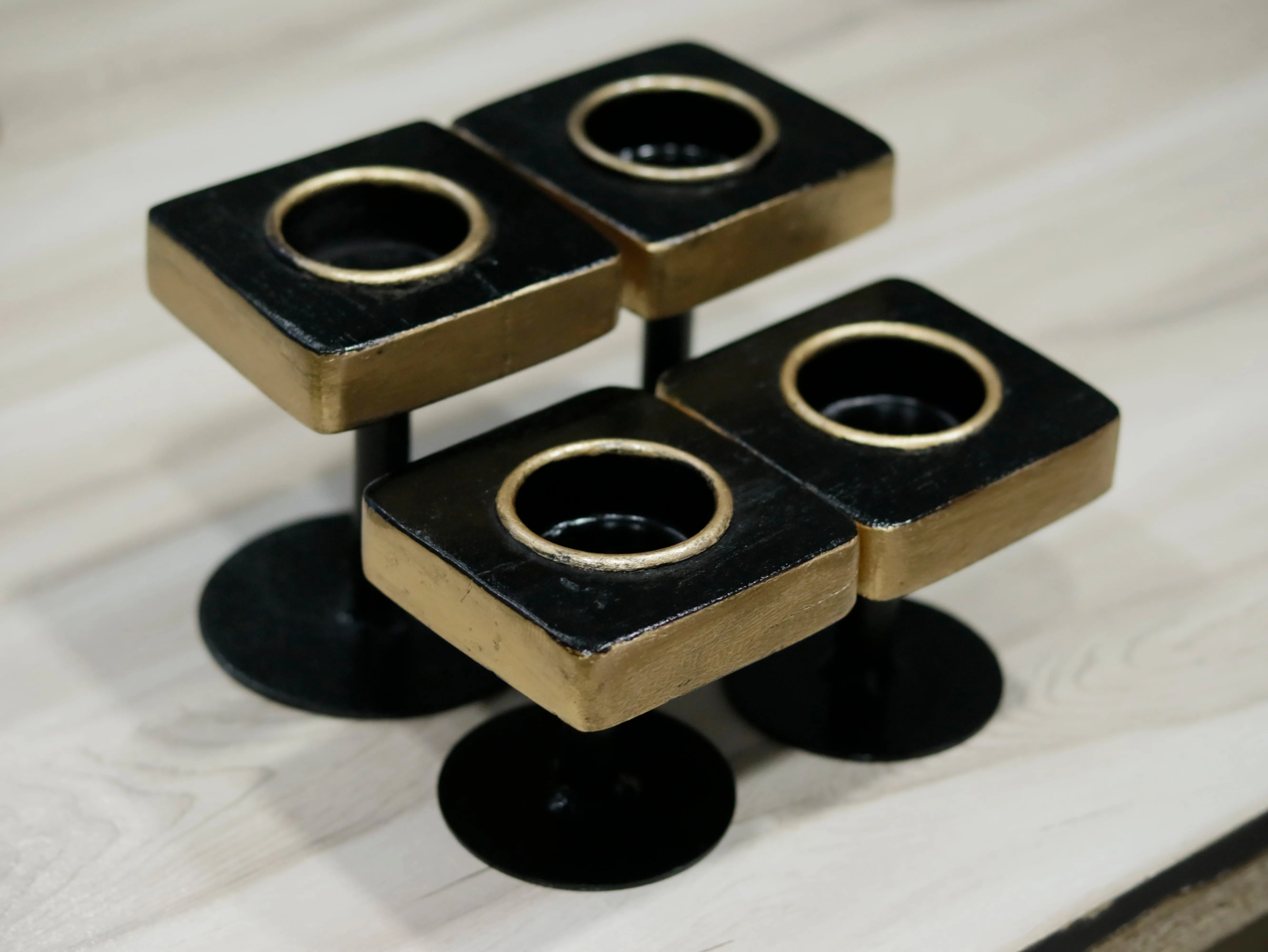 Unique Elegant Golden Black Wooden Candle Stand Set