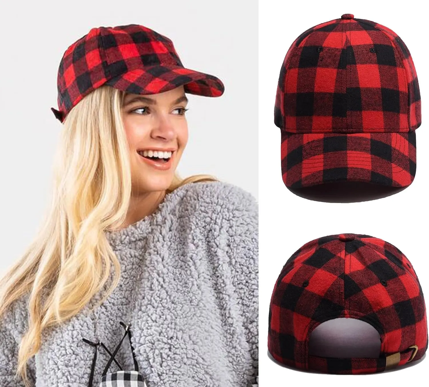 Unisex Buffalo-Plaid Baseball-Hat Red-Black-Check Ball-Cap for Women Men