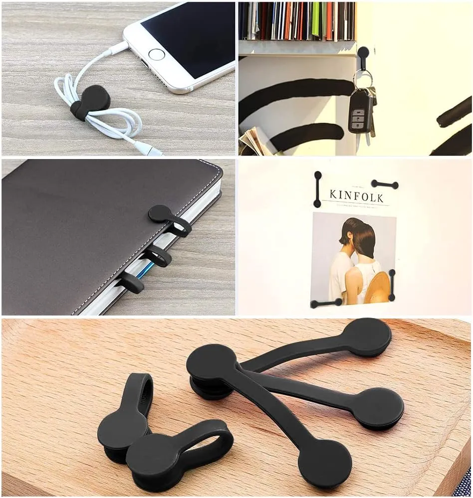 Viaky 6 Pcs Black Magnetic Cable Clips Organizer Earbuds Cords Winder Bookmark Whiteboard Noticeboard Fridge Straps USB Manager Keeper Wrap Ties for Kitchen, Home, Office and School