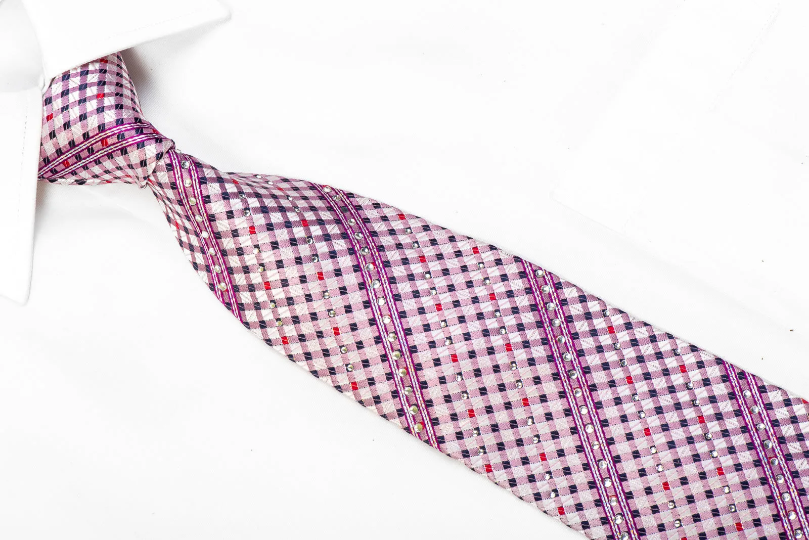 Vito Rufolo Men's Rhinestone Silk Necktie Striped On Pink With Silver Sparkles