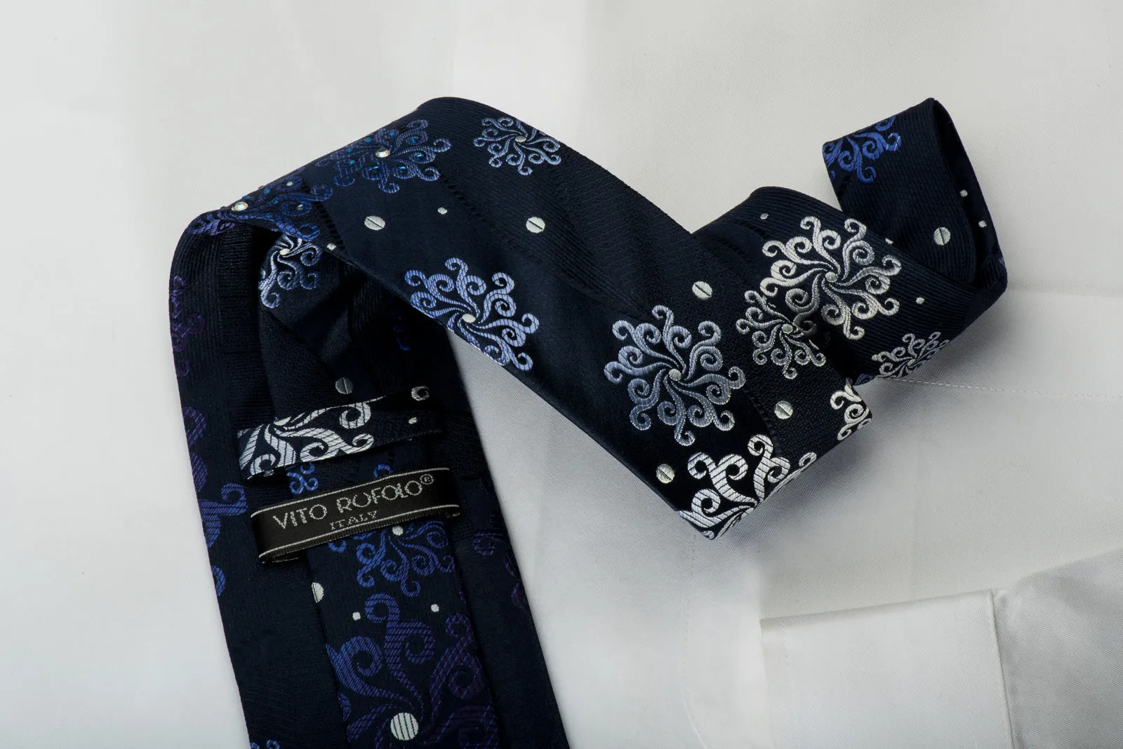Vito Rufolo Silk Tie Medallions On Blue With Sparkling Rhinestones