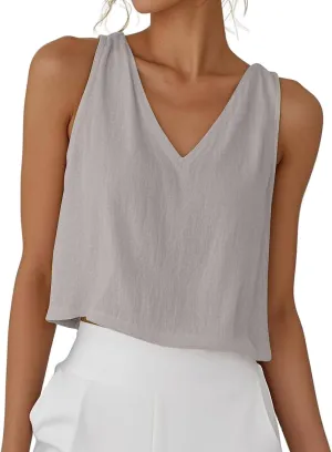 Womens Linen Crop Tank Tops Cute Summer Sleeveless Cropped Cotton Linen Tops Dressy Scoop Neck Camisole Tops