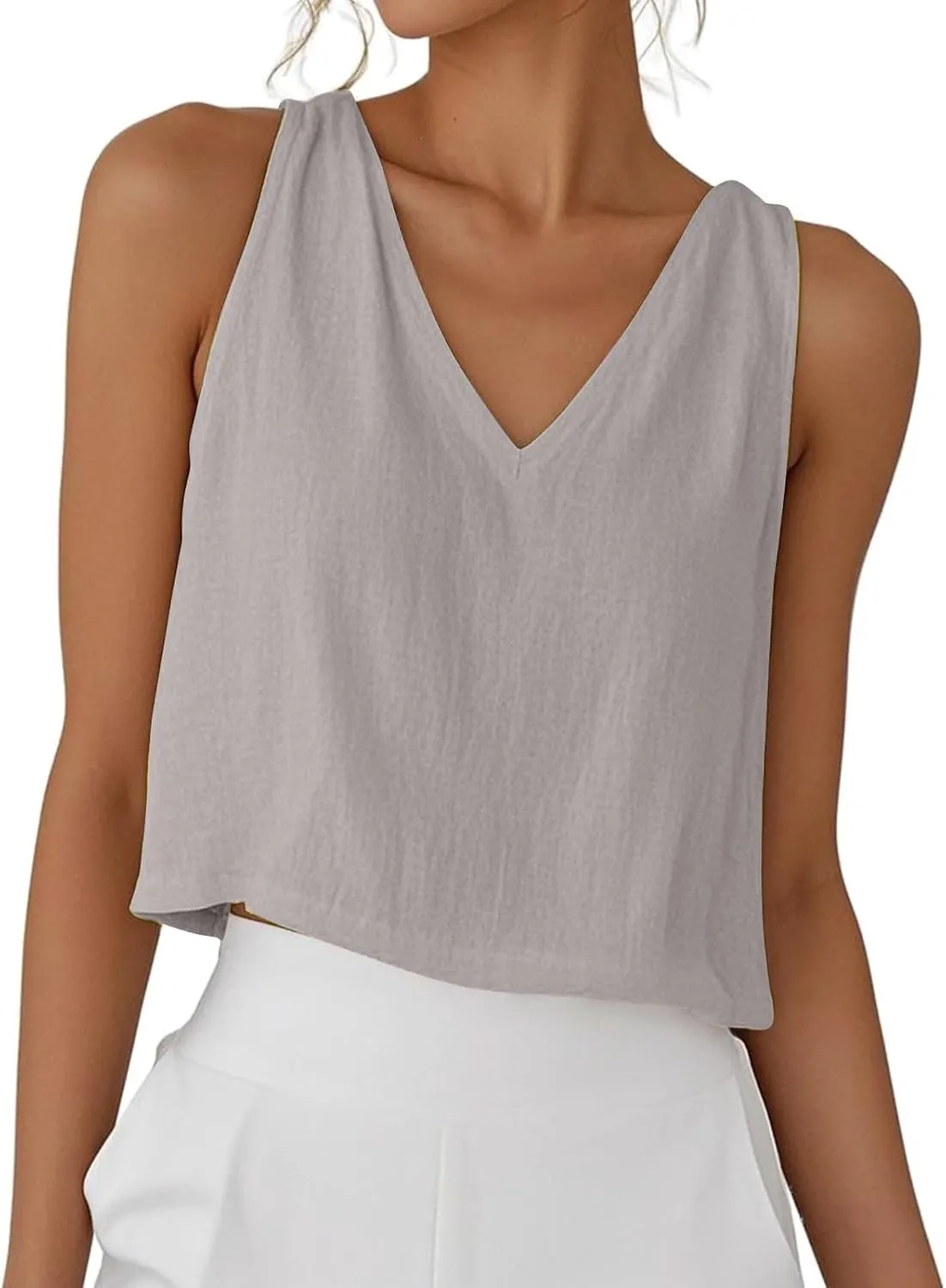 Womens Linen Crop Tank Tops Cute Summer Sleeveless Cropped Cotton Linen Tops Dressy Scoop Neck Camisole Tops