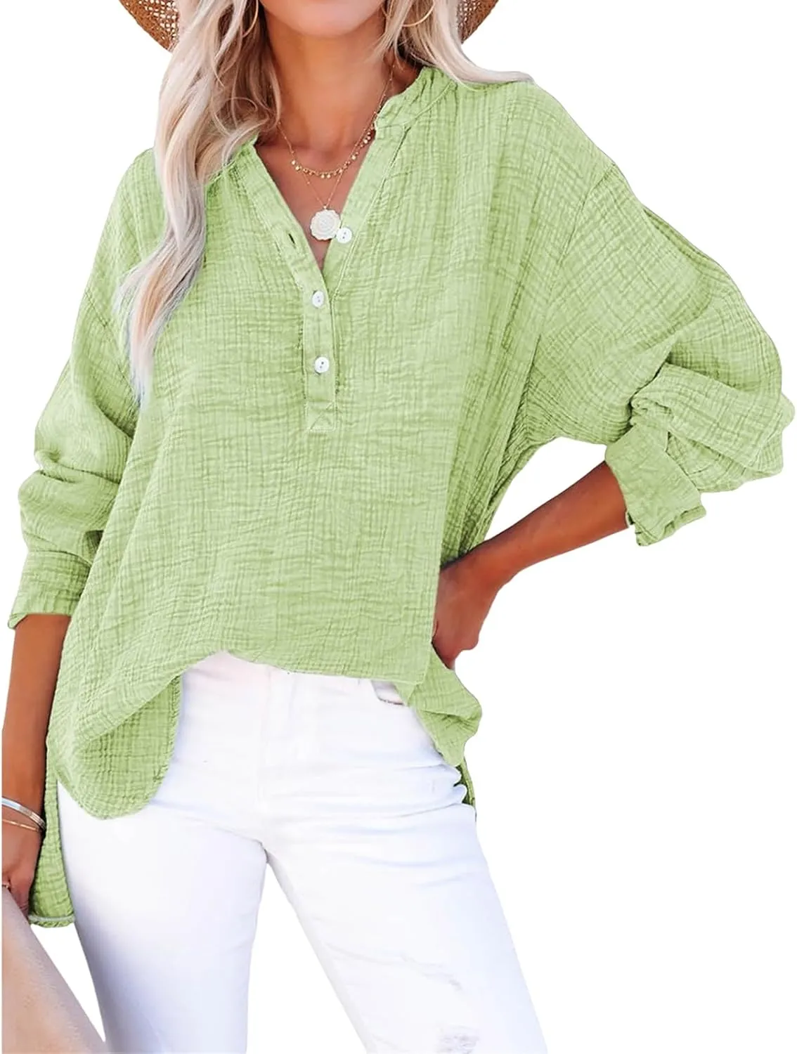 Womens Summer Tops Long Sleeve Henley Shirts Casual Button Down Shirts Oversized Solid Color Blouses Pleated Tops