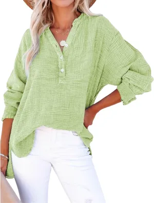 Womens Summer Tops Long Sleeve Henley Shirts Casual Button Down Shirts Oversized Solid Color Blouses Pleated Tops