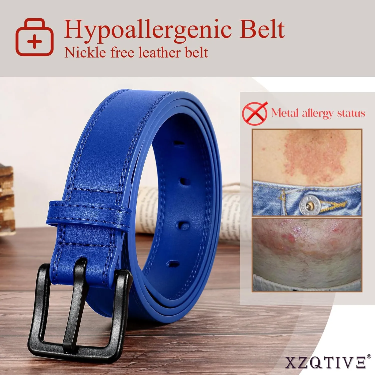XZQTIVE Mens Metal Free Belt Hypoallergenic Leather Belts For Jeans Dress Nickle Free TSA Belt With Black Buckle