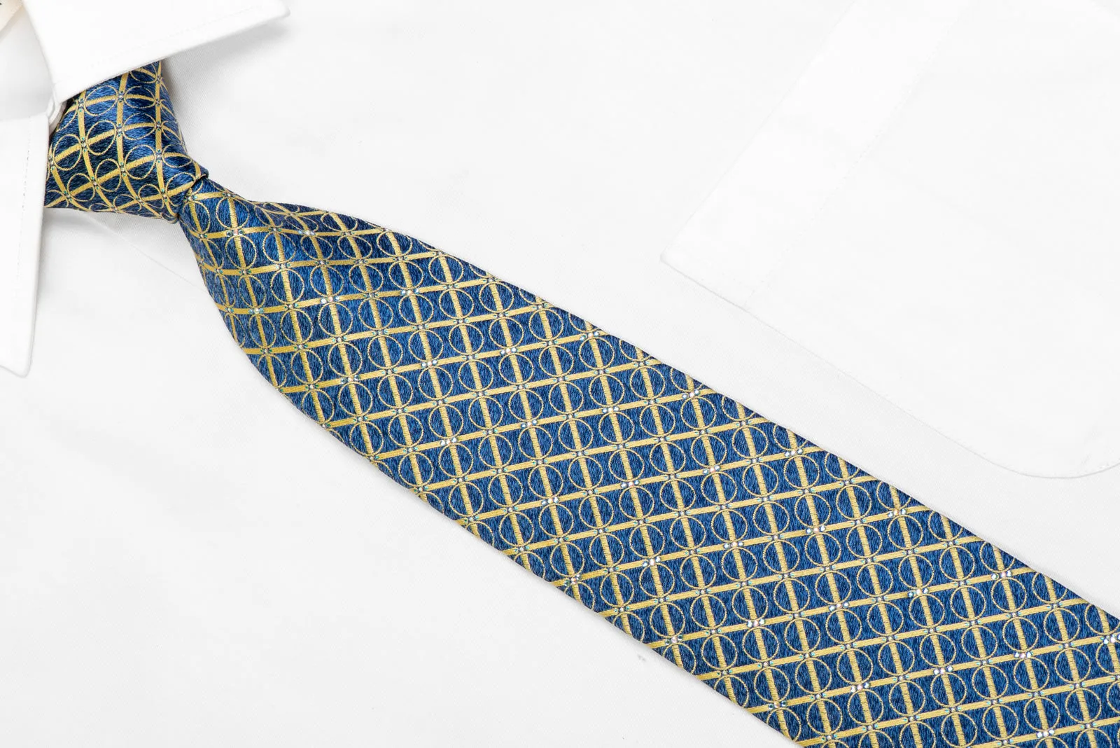 Yellow Trellis On Blue Rhinestone Silk Necktie With Sparkles