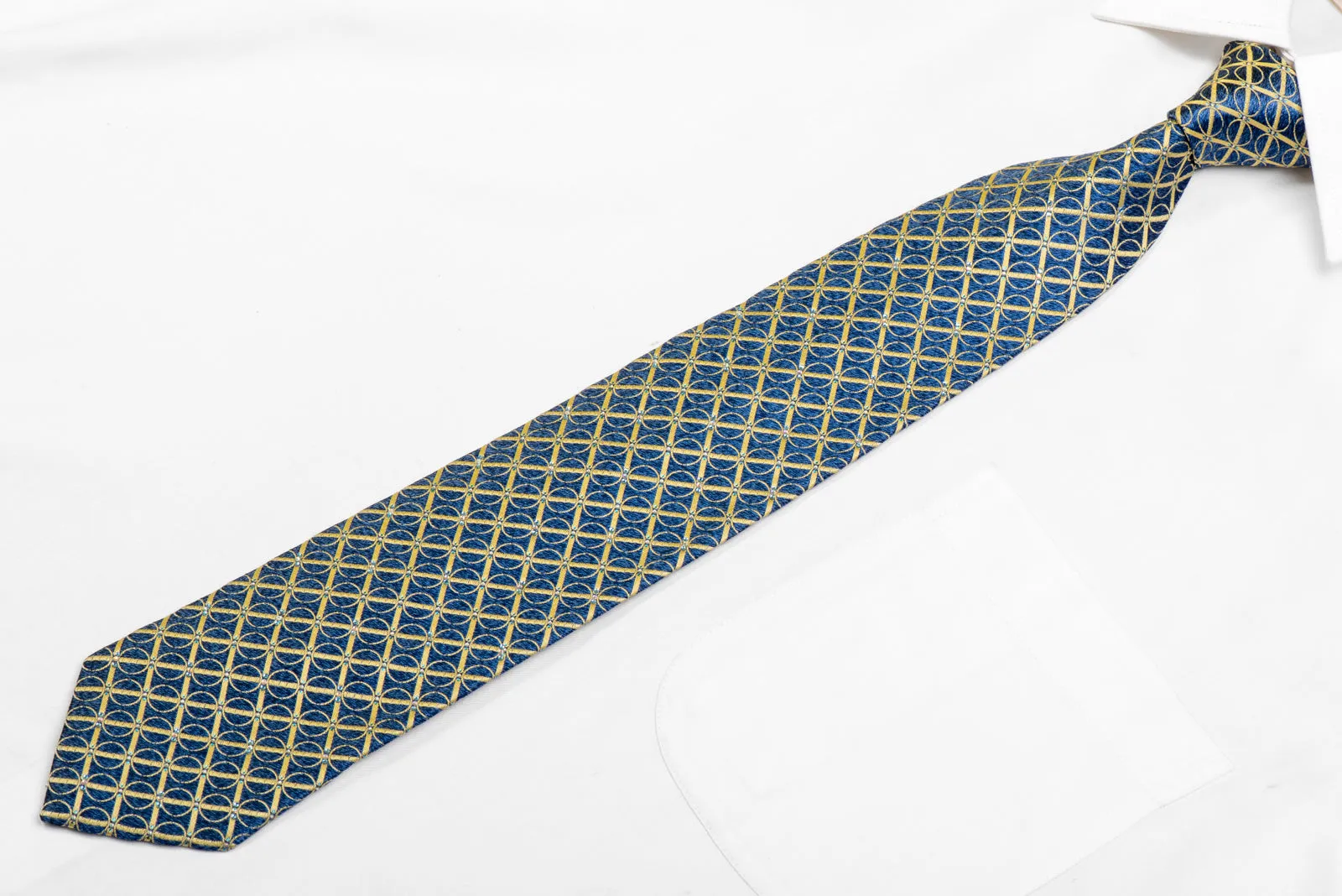 Yellow Trellis On Blue Rhinestone Silk Necktie With Sparkles