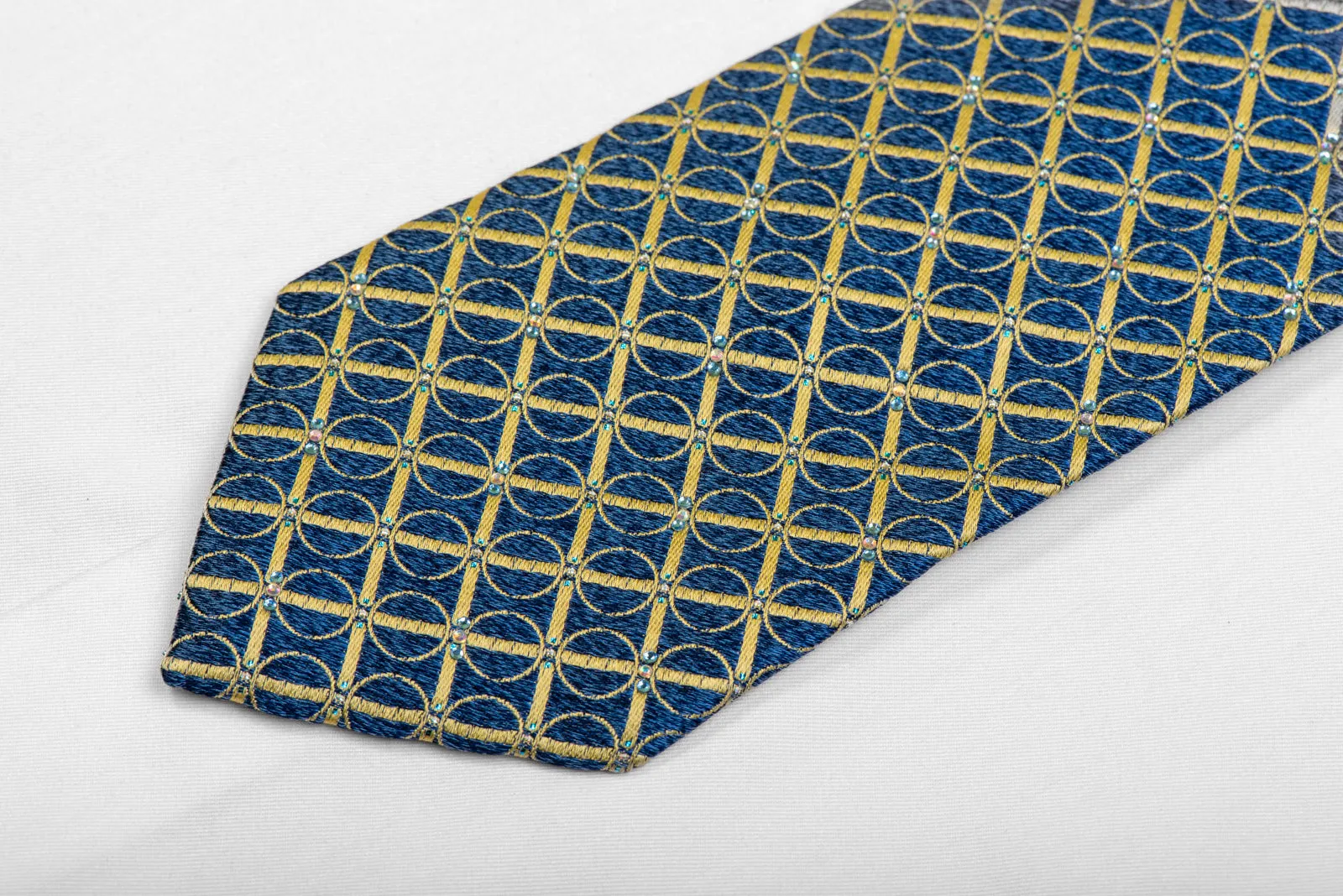 Yellow Trellis On Blue Rhinestone Silk Necktie With Sparkles
